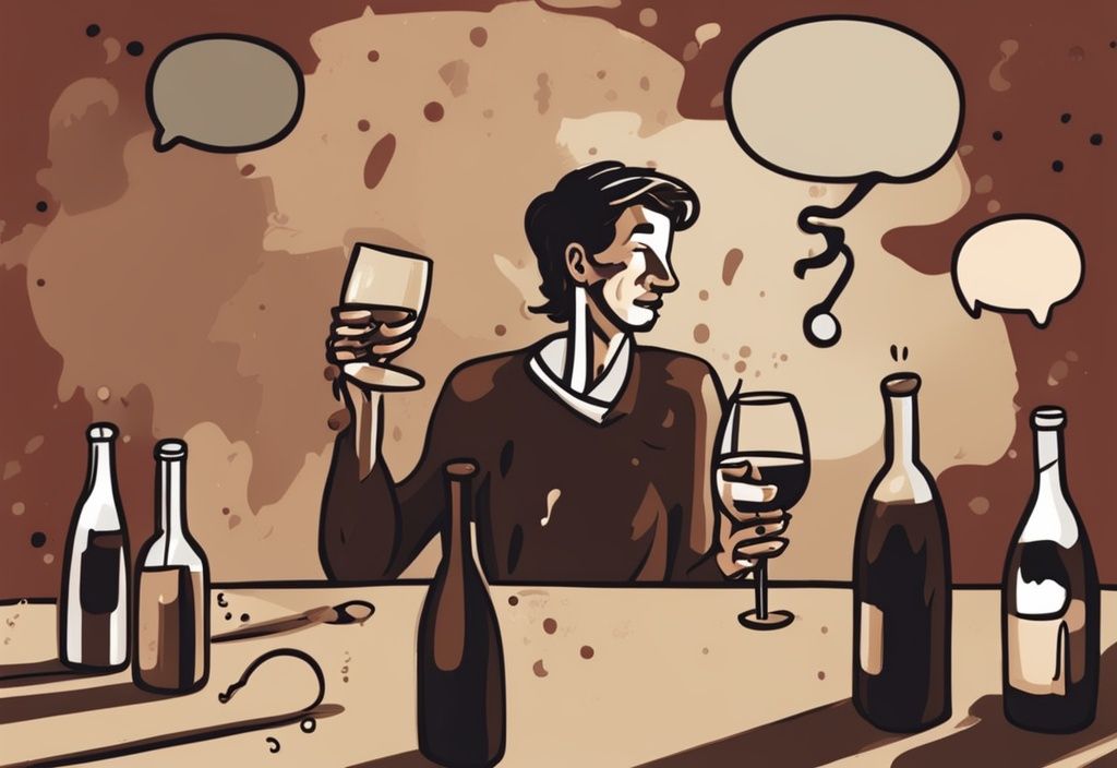 Moderne Malerei-Illustration in Brauntönen: Eine gestresste Person schiebt ein Glas Wein weg, mit einem Gedankenblasen voller Fragezeichen. Keyword: warum vertrage ich keinen Alkohol mehr.