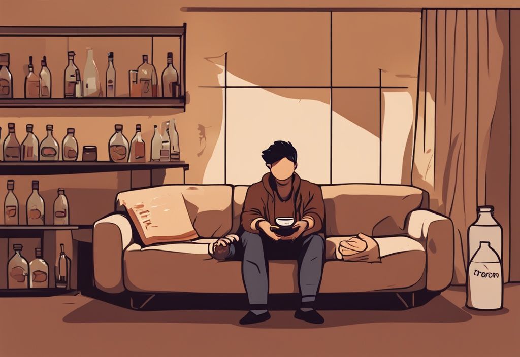 Moderne Malerei-Illustration: Eine Person sitzt hellwach nach Alkohol auf einem Sofa inmitten der Nacht, umgeben von leeren Flaschen, mit aufgerissenen Augen und einer Kaffeetasse in der Hand.