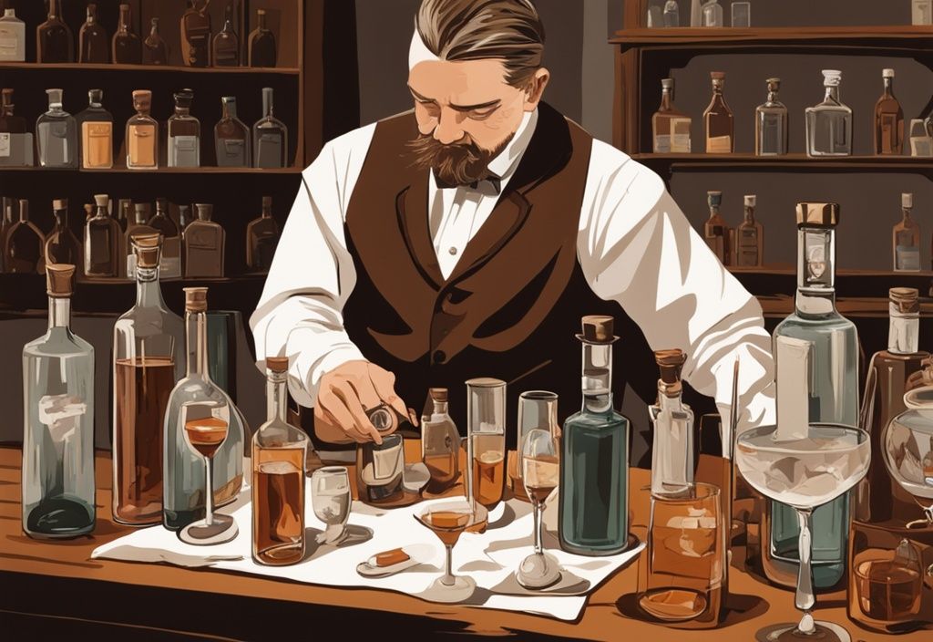 Moderne Malerei mit braunem Farbschema: Herr Finton in einem eleganten Ambiente bei Mr Finton's Gin Test, umgeben von verschiedenen Ginflaschen und Gläsern auf einem polierten Holztisch.