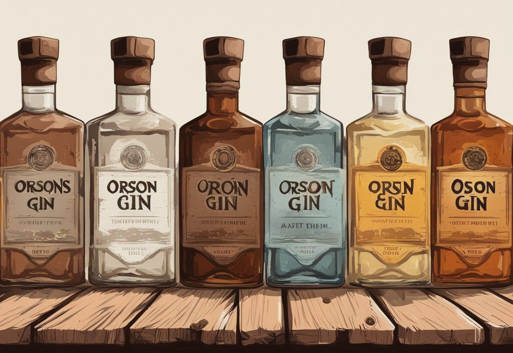 Moderne Malerei mit braunem Farbthema, zeigt Orsons Gin Flaschen auf rustikalem Holztisch, während ein professioneller Tester den Orsons Gin Test durchführt.