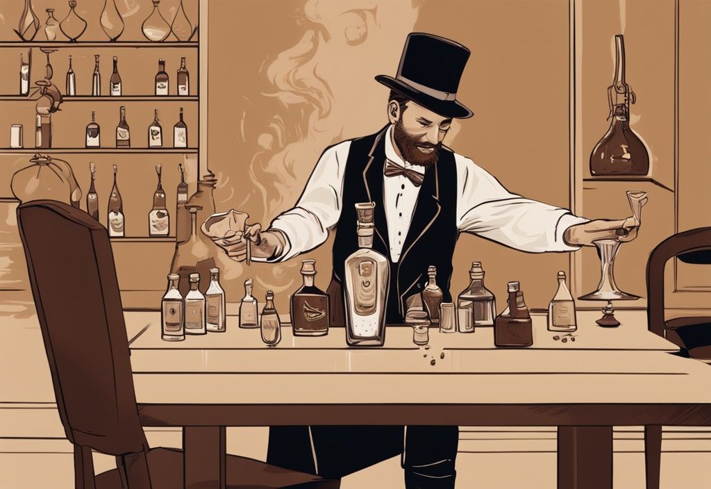 Moderne Malerei mit einem Magier, der einen Trick mit einer Flasche Illusionist Gin und Verkostungsgläsern auf einem Tisch vorführt, Illusionist Gin Test.