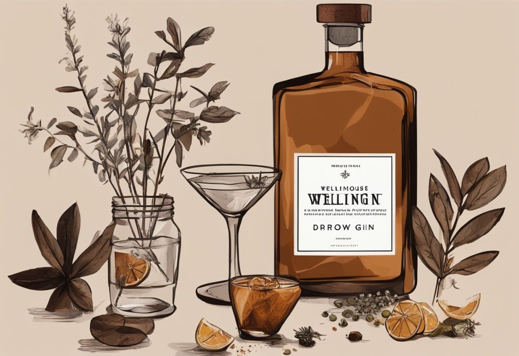 Moderne Illustration mit brauner Farbpalette: Wellinghouse London Dry Gin Flasche zentral platziert, umgeben von Gläsern, Cocktailshaker und frischen Botanicals auf einem eleganten Holztisch.