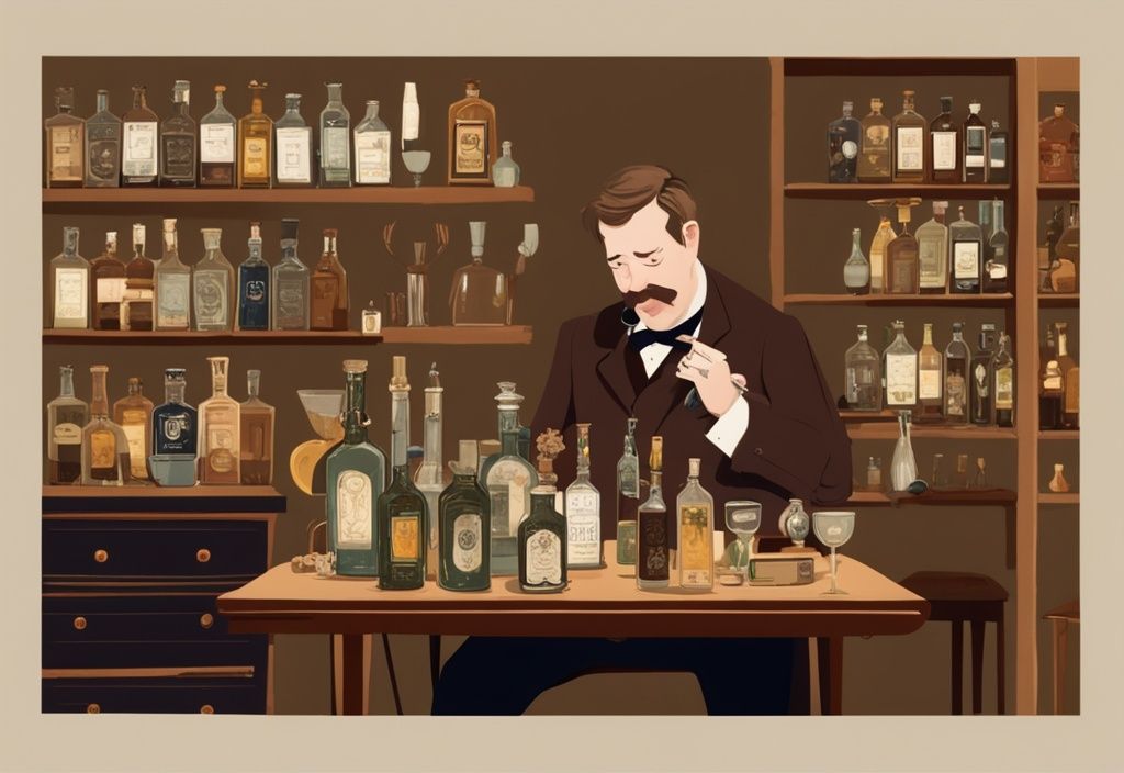 Moderne Malerei mit braunem Farbschema: Herr Finton in elegantem Raum, prüft sorgfältig ein Glas Gin, umgeben von einer Sammlung verschiedener Gin-Flaschen auf dem Tisch.