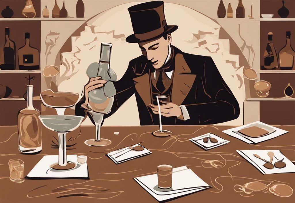 Moderne Illustration eines Magiers, der mit einer Flasche Illusionist Gin und Verkostungsgläsern auf einem Tisch einen Trick vorführt, Illusionist Gin Test.