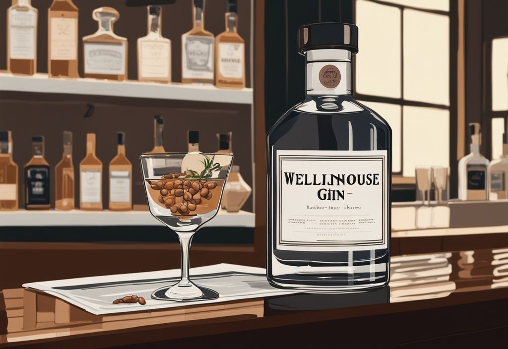 Moderne Malerei mit braunem Farbschema zeigt eine Flasche Wellinghouse London Dry Gin auf einer eleganten Bartheke, umgeben von einem Verkostungsglas, einer Schale Wacholderbeeren und einer Punktetafel für den Wellinghouse London Dry Gin Test.