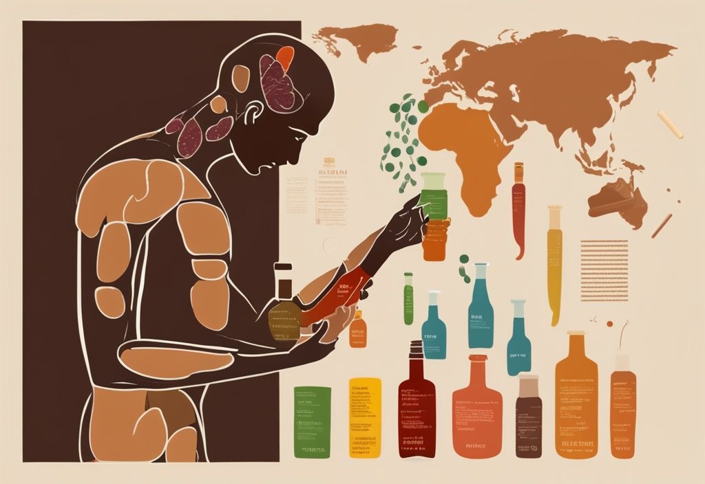 Moderne Malerei-Illustration mit braunem Farbthema, menschliche Silhouette mit abfließenden Nährstoffen und Vitaminen in eine große Alkoholflasche.