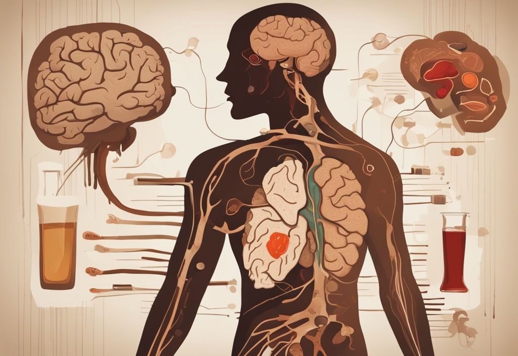 Moderne Malerei-Illustration in Brauntönen, die die Silhouette eines menschlichen Körpers mit hervorgehobenen Organen wie Gehirn, Leber und Herz zeigt, um die Frage zu visualisieren: was entzieht Alkohol dem Körper?