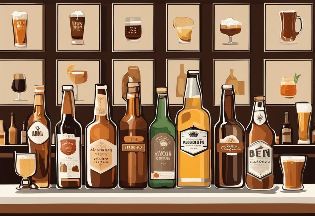 Moderne Malerei-Illustration mit braunem Farbschema, die beliebte englische alkoholische Getränke wie Bier, Gin und Cider auf einer traditionellen Pub-Theke zeigt; beantwortet die Frage, welchen Alkohol trinkt man in England.