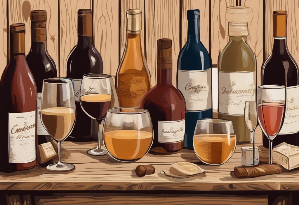 Moderne Malerei-Illustration mit brauner Farbthematik zeigt eine Auswahl an beliebten französischen alkoholischen Getränken wie Wein, Champagner, Cognac und Pastis auf einem rustikalen Holztisch vor einem Weinberg, um die Frage zu beantworten: Welchen Alkohol trinkt man in Frankreich?