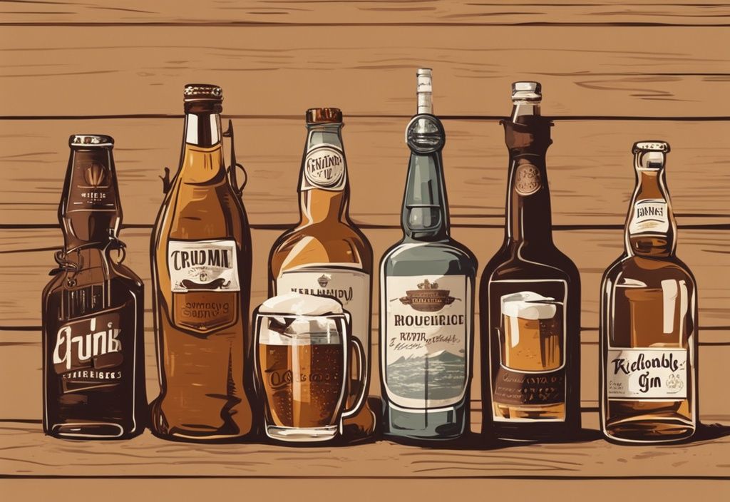 Moderne Malerei-Illustration mit brauner Farbthematik: Beliebte englische alkoholische Getränke wie Bier, Gin, Cider und Whisky auf einem rustikalen Holztisch.