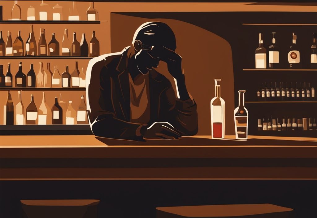 Moderne Malerei-Illustration mit braunem Farbschema: Einsame Figur an einer schwach beleuchteten Bar, starrt in ein fast leeres Glas Alkohol, schwere Schatten auf dem Gesicht symbolisieren Alkohol und Depressionen.