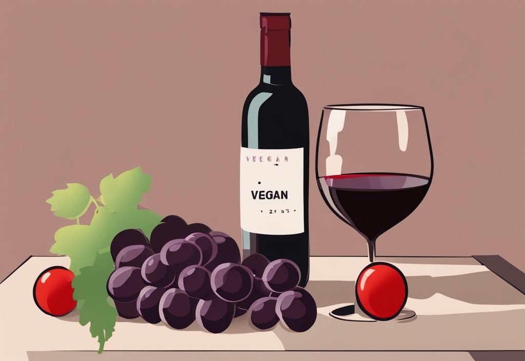 Moderne Malerei-Illustration mit braunem Farbschema, ein Glas Rotwein neben frischen Trauben, mit kleinem Etikett für vegane Kennzeichnung.