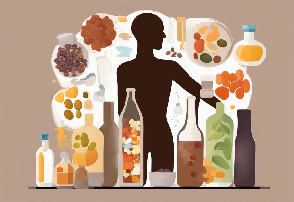 Moderne Malerei-Illustration mit braunem Farbthema, menschliche Silhouette mit Nährstoffen und Vitaminen, die in eine große Alkoholflasche abfließen.